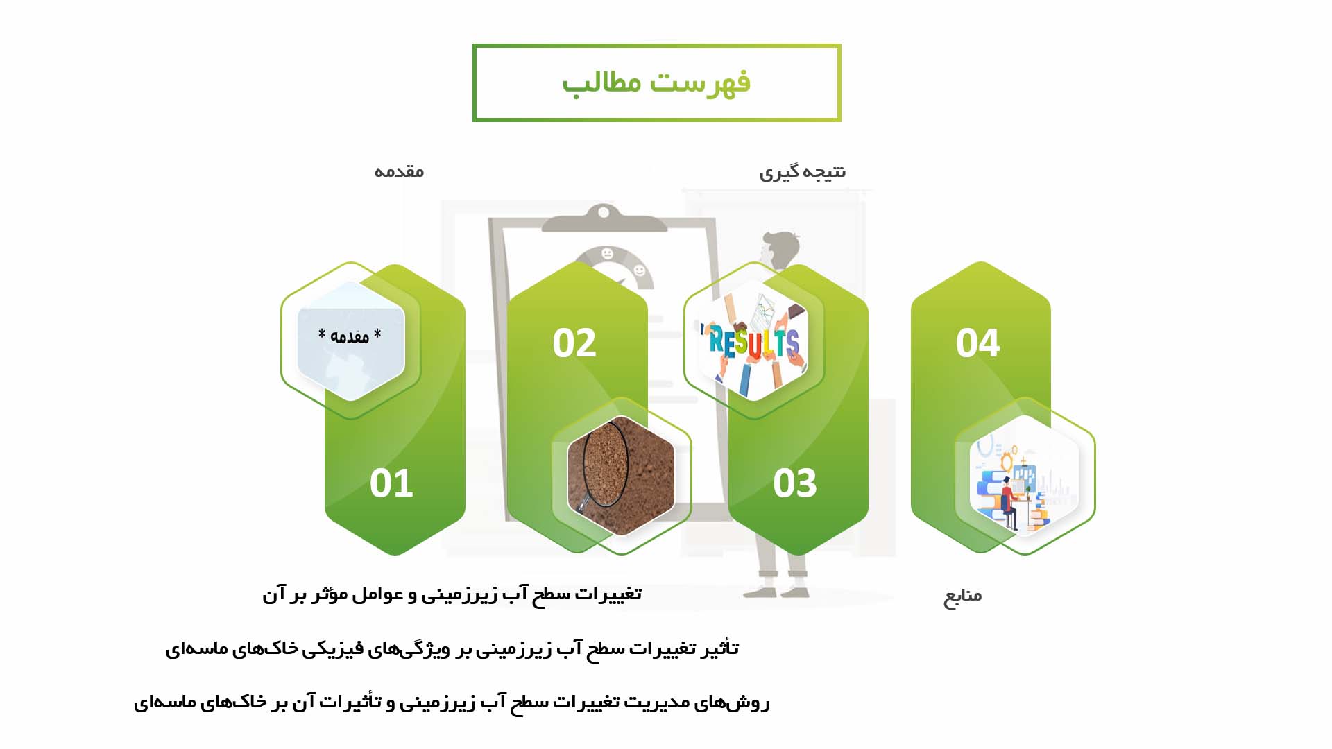 پاورپوینت در مورد تاثیر تغییرات سطح آب زیرزمینی بر خواص خاک‌های ماسه‌ای